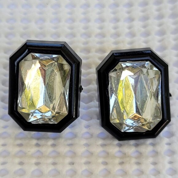 Art Deco Black Enamel Prominent Clear Faceted Crystal Pierced Stud Earrings - Picture 1 of 4